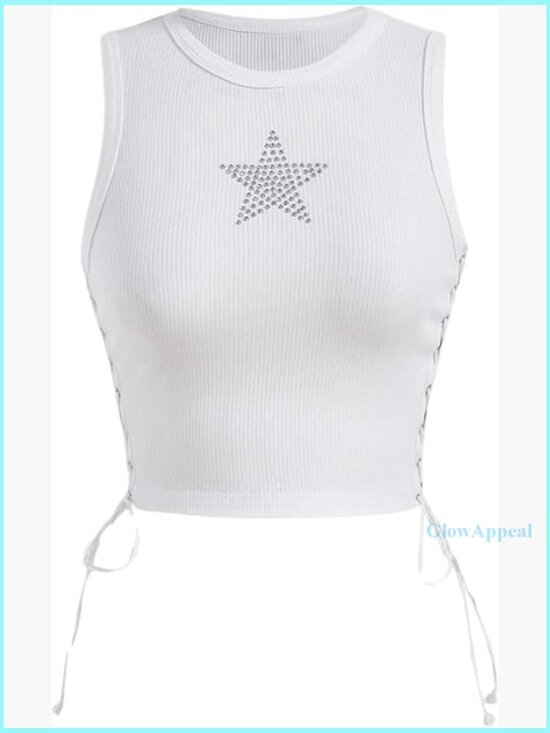 Tops - Sleeveless Ribbed Crop Tank Top with Star Rhinestone Lace-Up Detail